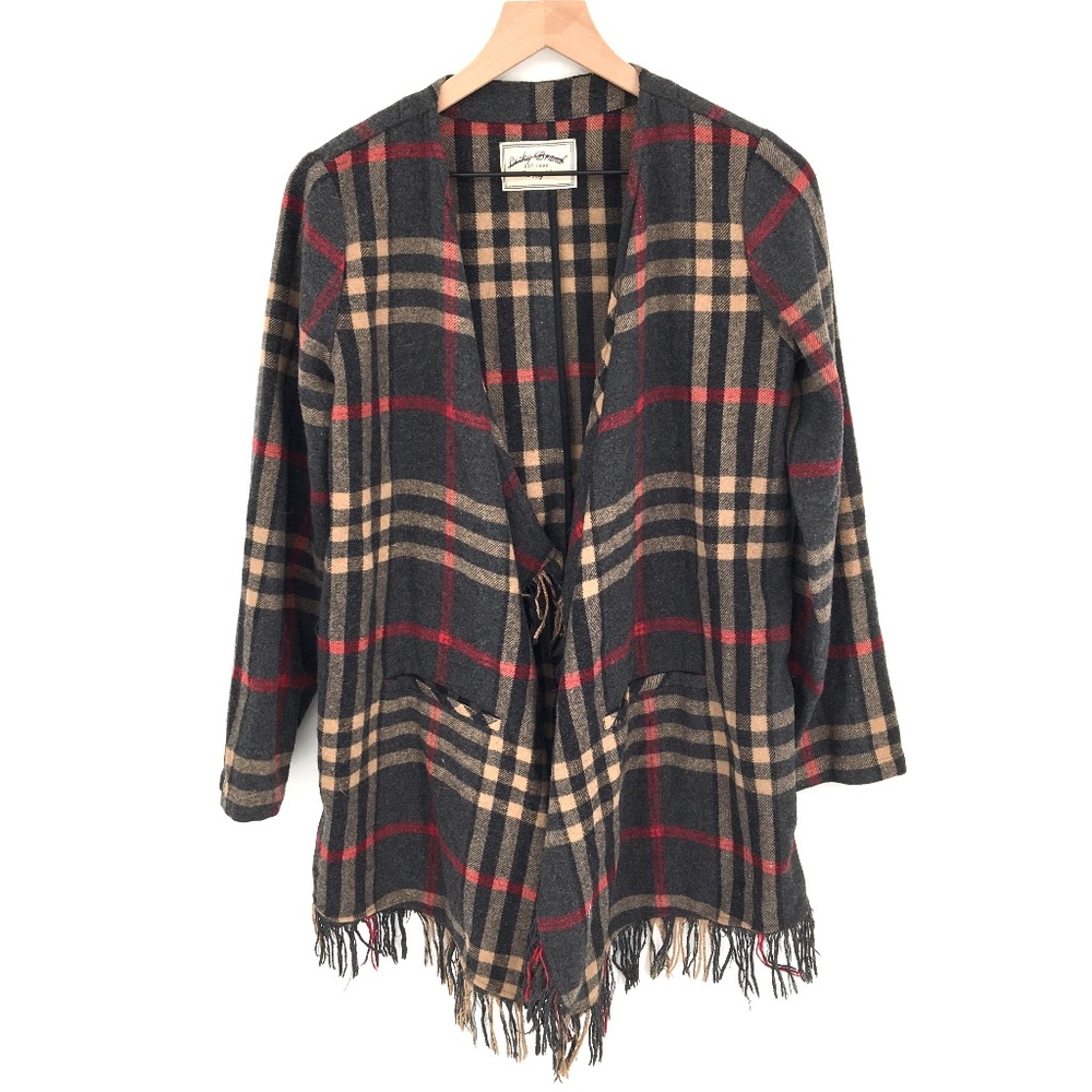 Lucky Brand Fringed Duster Jacket Gray Plaid boho fall winter top M L women's